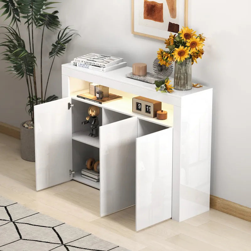 Living Room Sideboard Storage Cabinet Black High Gloss with LED Light, Modern Kitchen Unit Cupboard Buffet Wooden Storage