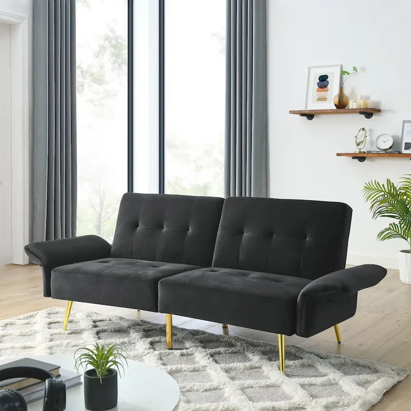 Velvet Convertible Sleeper Sofa Bed with Folded Armrests and Storage Bags