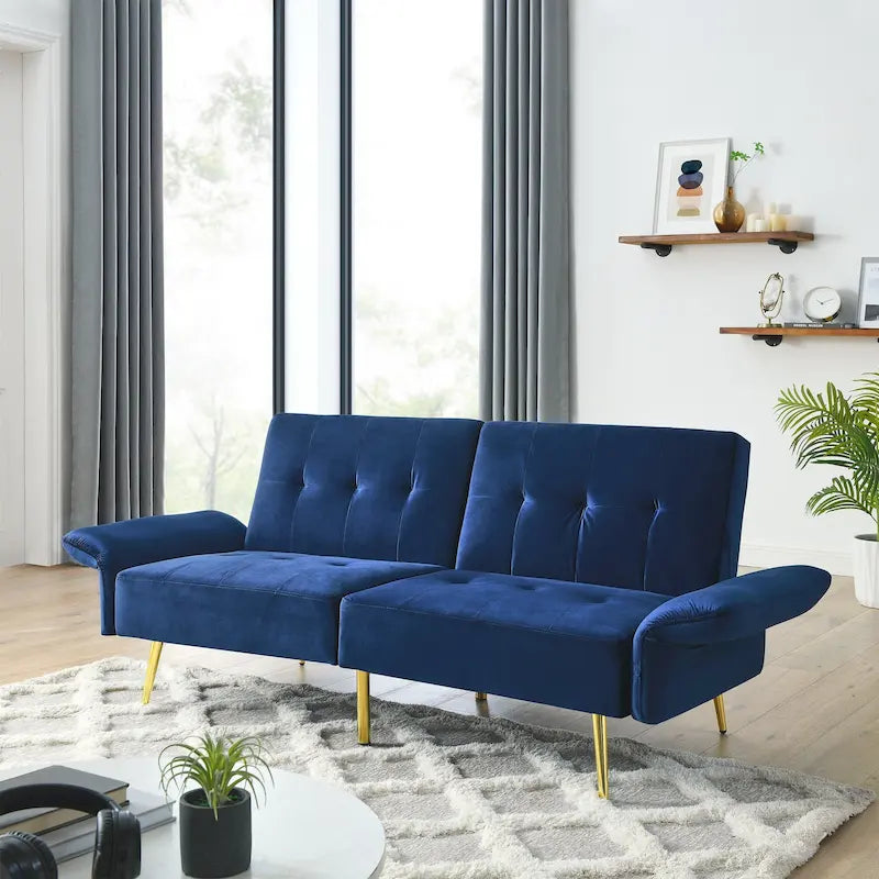 Velvet Convertible Sleeper Sofa Bed with Folded Armrests and Storage Bags
