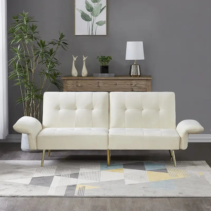 Velvet Convertible Sleeper Sofa Bed with Folded Armrests and Storage Bags