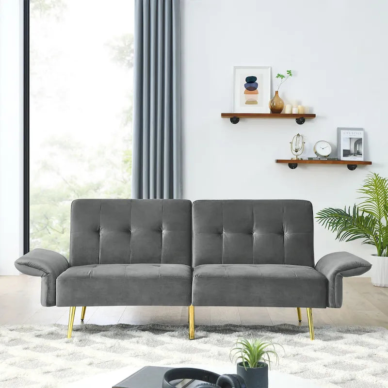 Velvet Convertible Sleeper Sofa Bed with Folded Armrests and Storage Bags