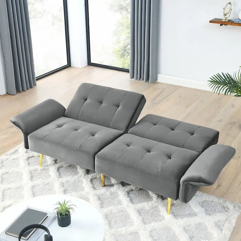 Velvet Convertible Sleeper Sofa Bed with Folded Armrests and Storage Bags