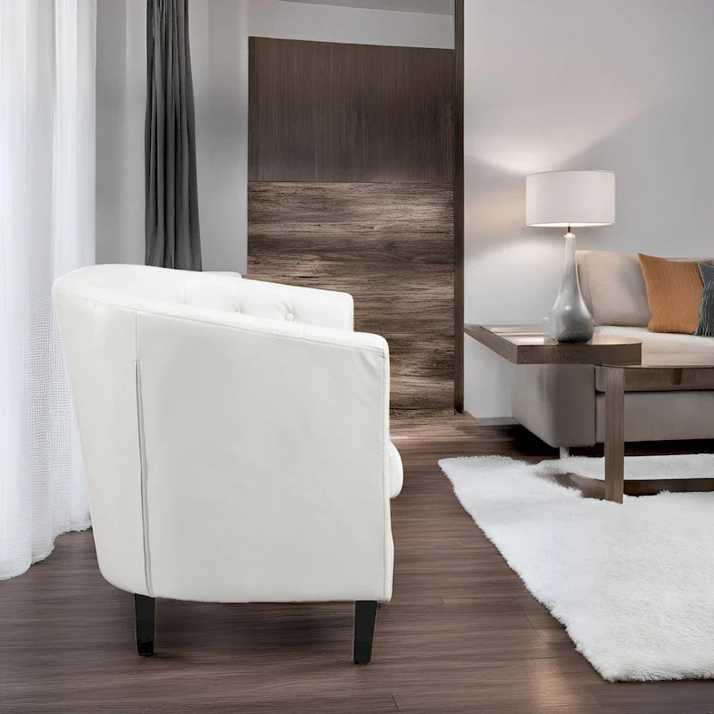 Látkou potažená pohovka ve tvaru sudu ze syntetické kůže s knoflíkovým prošíváním ve stylu Midcentury Modern – Pohodlná pohovka ve tvaru vany