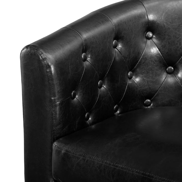 Látkou potažená pohovka ve tvaru sudu ze syntetické kůže s knoflíkovým prošíváním ve stylu Midcentury Modern – Pohodlná pohovka ve tvaru vany