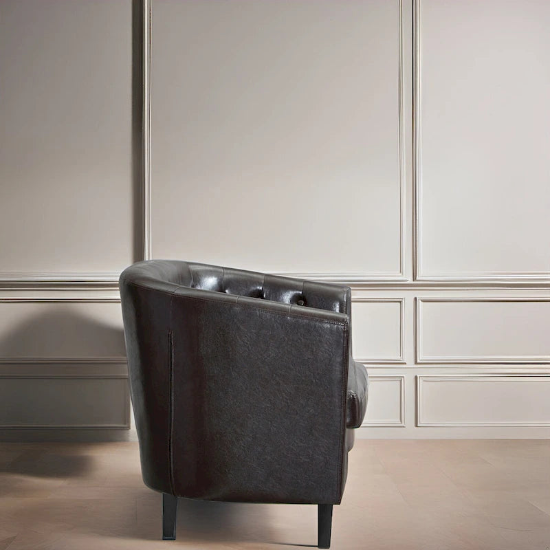 Látkou potažená pohovka ve tvaru sudu ze syntetické kůže s knoflíkovým prošíváním ve stylu Midcentury Modern – Pohodlná pohovka ve tvaru vany