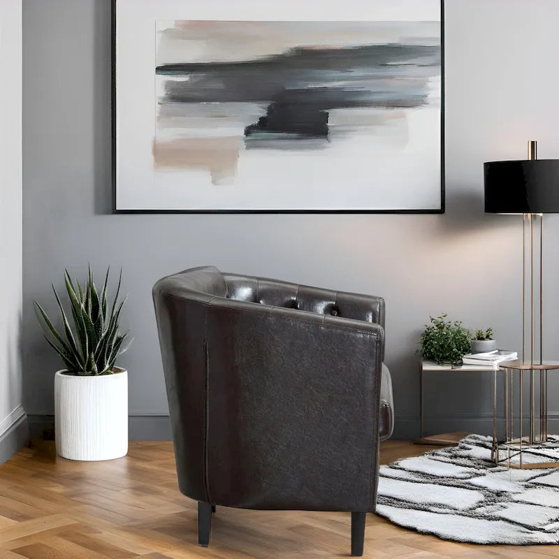 Látkou potažená pohovka ve tvaru sudu ze syntetické kůže s knoflíkovým prošíváním ve stylu Midcentury Modern – Pohodlná pohovka ve tvaru vany