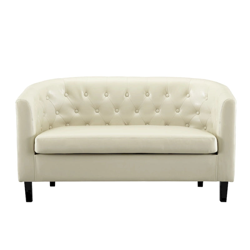 Látkou potažená pohovka ve tvaru sudu ze syntetické kůže s knoflíkovým prošíváním ve stylu Midcentury Modern – Pohodlná pohovka ve tvaru vany