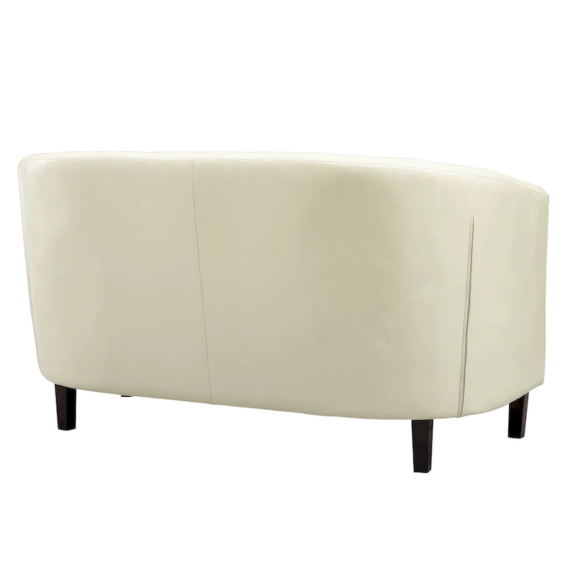 Látkou potažená pohovka ve tvaru sudu ze syntetické kůže s knoflíkovým prošíváním ve stylu Midcentury Modern – Pohodlná pohovka ve tvaru vany