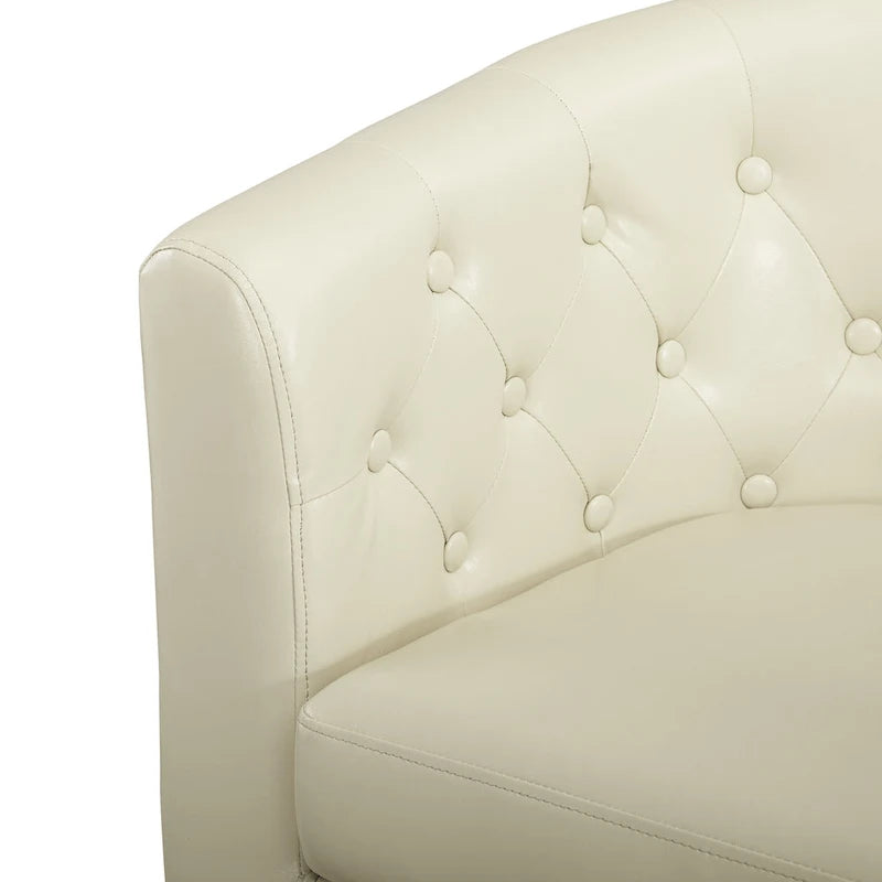 Látkou potažená pohovka ve tvaru sudu ze syntetické kůže s knoflíkovým prošíváním ve stylu Midcentury Modern – Pohodlná pohovka ve tvaru vany