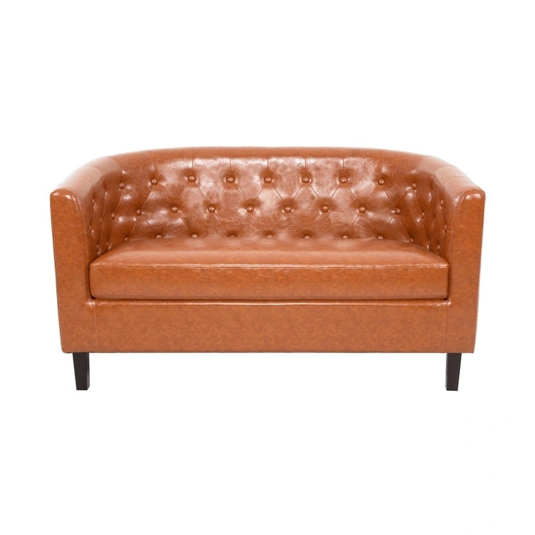 Látkou potažená pohovka ve tvaru sudu ze syntetické kůže s knoflíkovým prošíváním ve stylu Midcentury Modern – Pohodlná pohovka ve tvaru vany