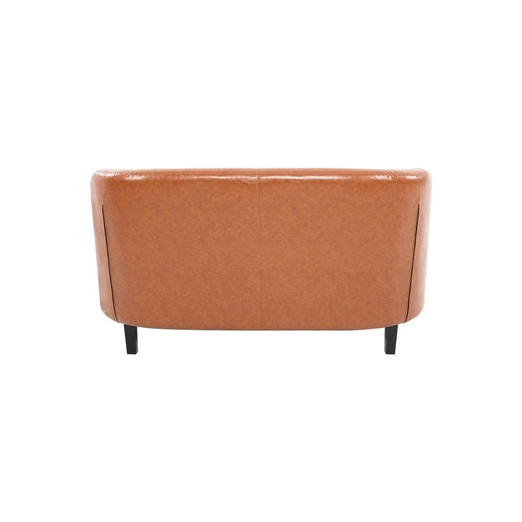 Látkou potažená pohovka ve tvaru sudu ze syntetické kůže s knoflíkovým prošíváním ve stylu Midcentury Modern – Pohodlná pohovka ve tvaru vany