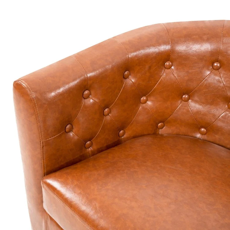 Látkou potažená pohovka ve tvaru sudu ze syntetické kůže s knoflíkovým prošíváním ve stylu Midcentury Modern – Pohodlná pohovka ve tvaru vany