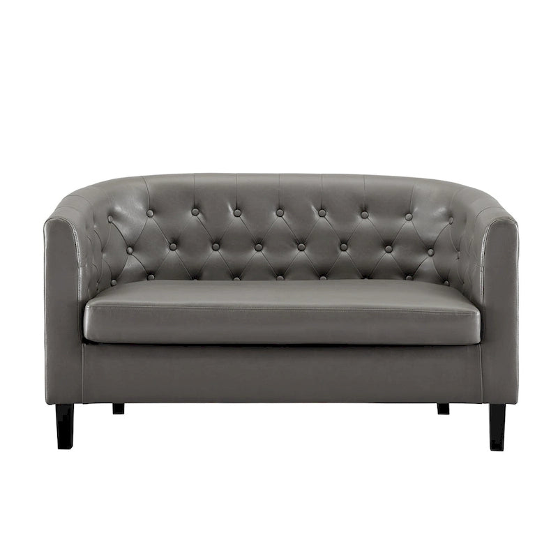 Látkou potažená pohovka ve tvaru sudu ze syntetické kůže s knoflíkovým prošíváním ve stylu Midcentury Modern – Pohodlná pohovka ve tvaru vany
