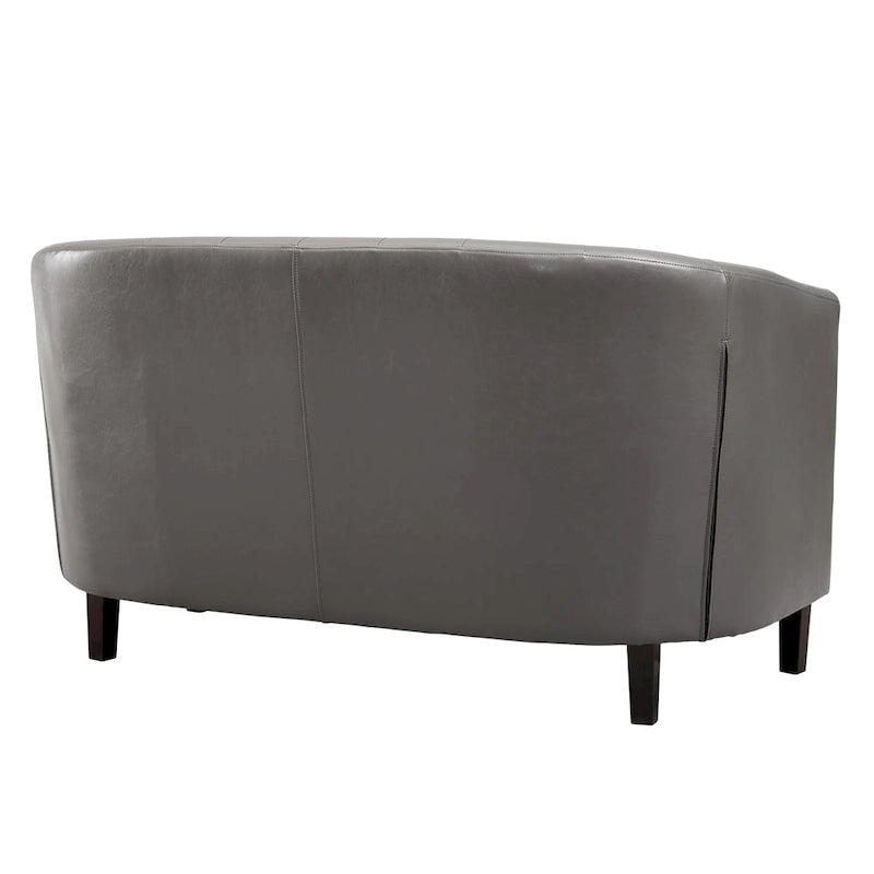Látkou potažená pohovka ve tvaru sudu ze syntetické kůže s knoflíkovým prošíváním ve stylu Midcentury Modern – Pohodlná pohovka ve tvaru vany