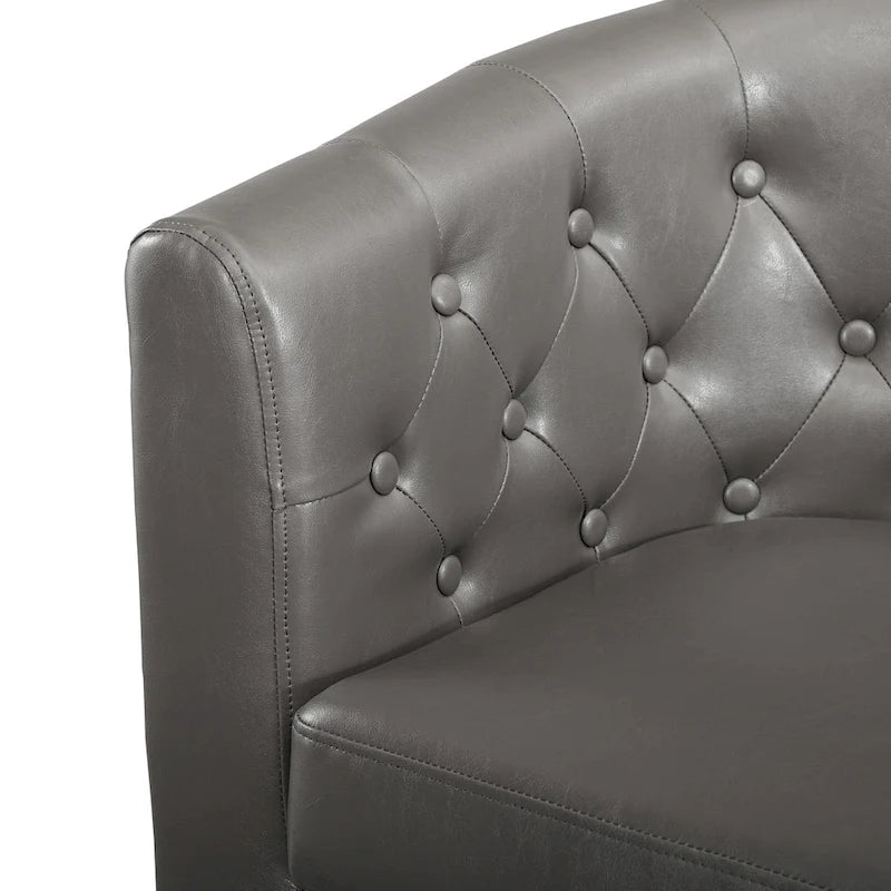 Látkou potažená pohovka ve tvaru sudu ze syntetické kůže s knoflíkovým prošíváním ve stylu Midcentury Modern – Pohodlná pohovka ve tvaru vany