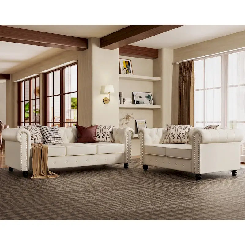 Classic Tufted Velvet Chesterfield Club Loveseat and Sofa 2-Piece Set with Nailhead