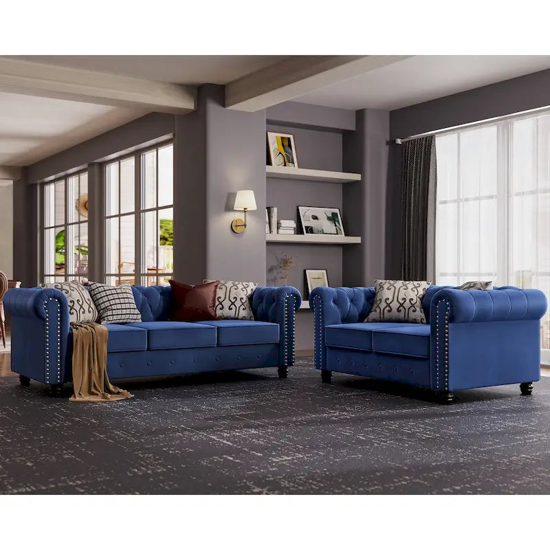 Classic Tufted Velvet Chesterfield Club Loveseat and Sofa 2-Piece Set with Nailhead