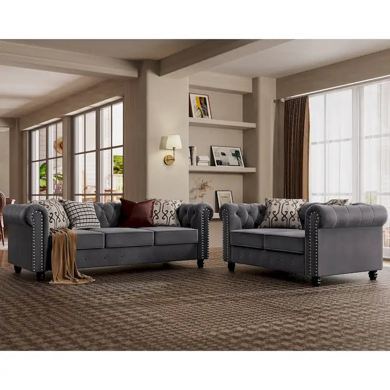 Classic Tufted Velvet Chesterfield Club Loveseat and Sofa 2-Piece Set with Nailhead