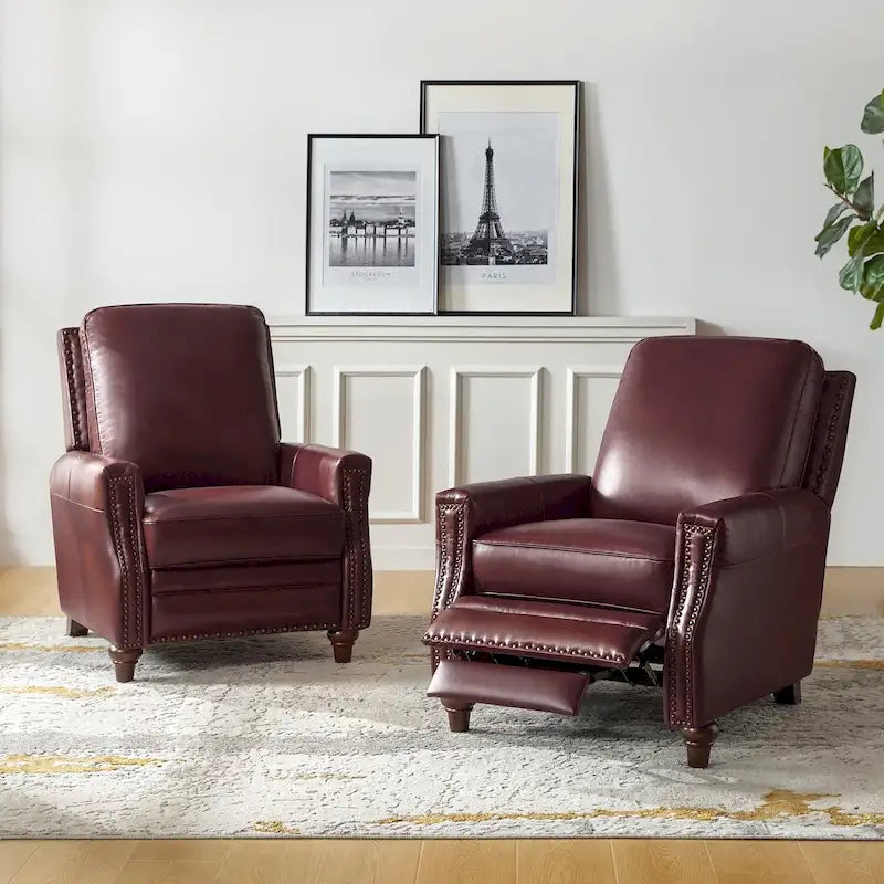 Mid-Century Modern Genuine Leather Pushback Recliner with Nailhead Trim (Set of 2)