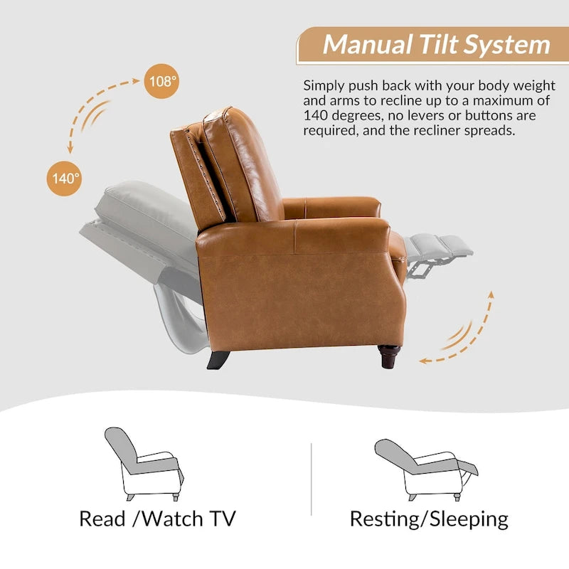 Mid-Century Modern Genuine Leather Pushback Recliner with Nailhead Trim (Set of 2)
