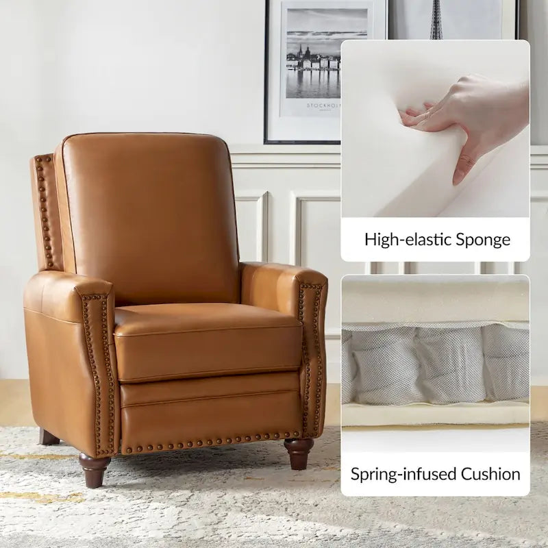 Mid-Century Modern Genuine Leather Pushback Recliner with Nailhead Trim (Set of 2)