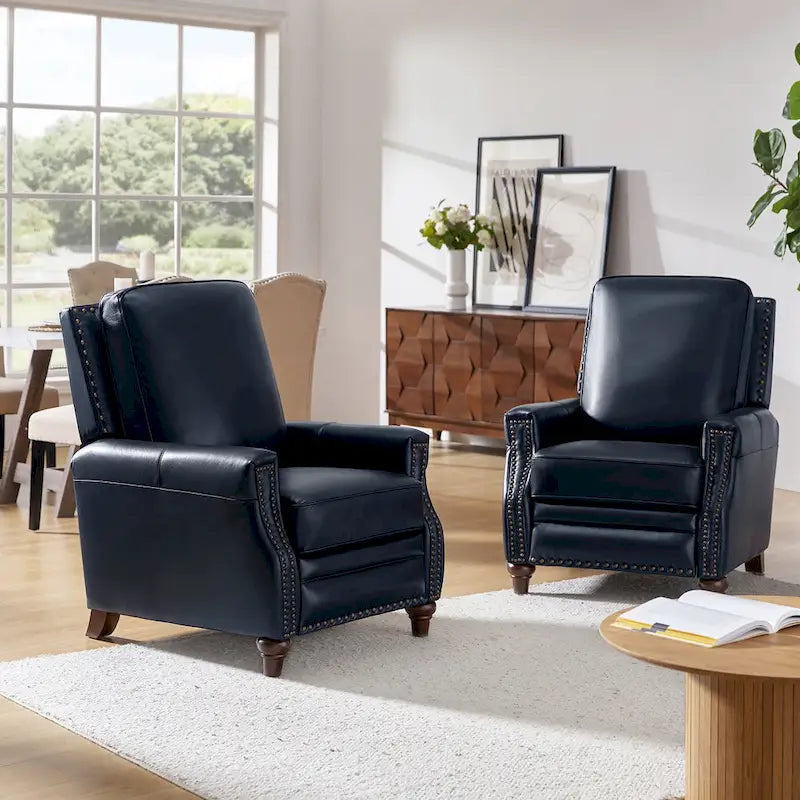 Mid-Century Modern Genuine Leather Pushback Recliner with Nailhead Trim (Set of 2)