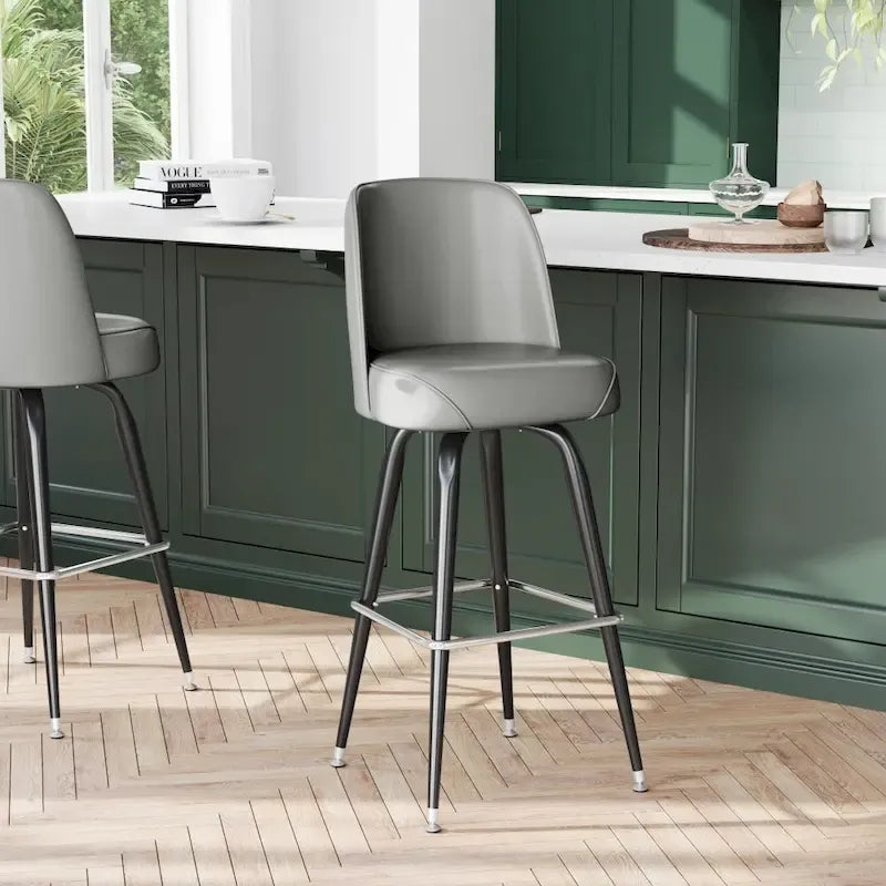 Kovová barová židle s otočným sedákem z vinylu a opěrkou na nohy – 18,5H x 18,5Š x 42,5V