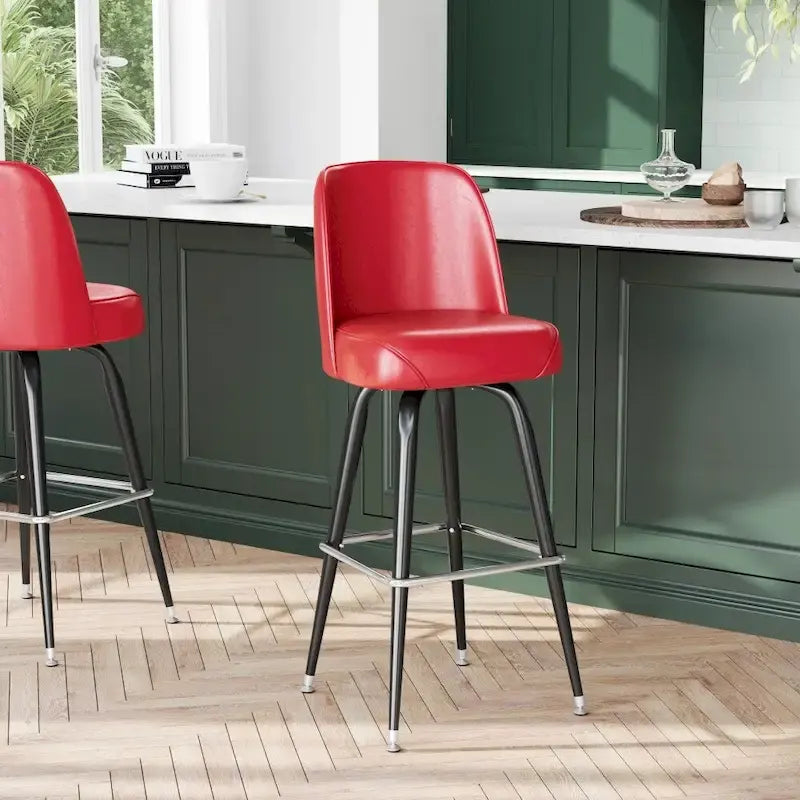 Kovová barová židle s otočným sedákem z vinylu a opěrkou na nohy – 18,5H x 18,5Š x 42,5V