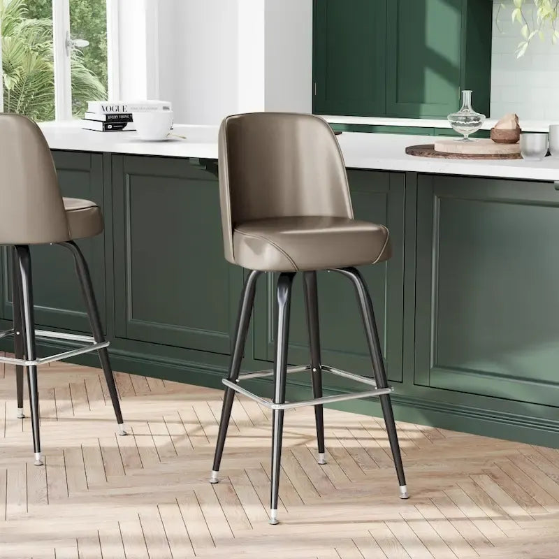 Kovová barová židle s otočným sedákem z vinylu a opěrkou na nohy – 18,5H x 18,5Š x 42,5V