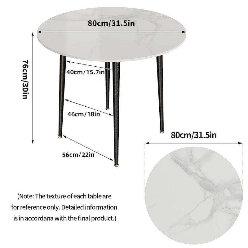 Kulatý kuchyňský jídelní stůl s mramorovou deskou a kónickými kovovými nohami - 31.5 Š x 30 V