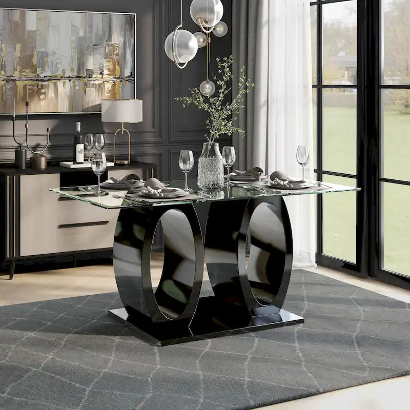 Contemporary 63-inch Double Ring Glass Top Dining Table