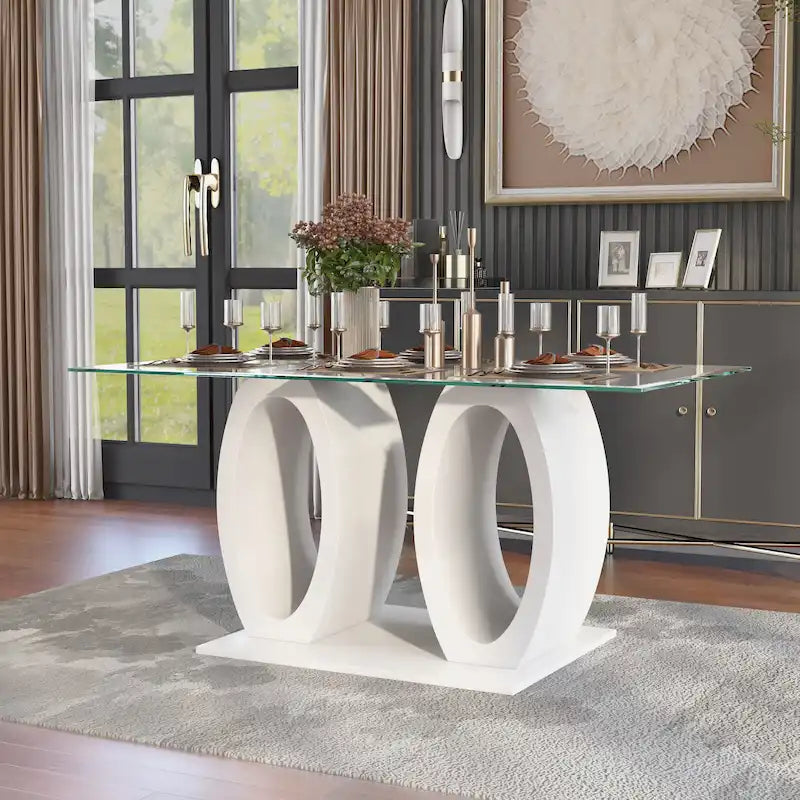 Contemporary 63-inch Double Ring Glass Top Dining Table