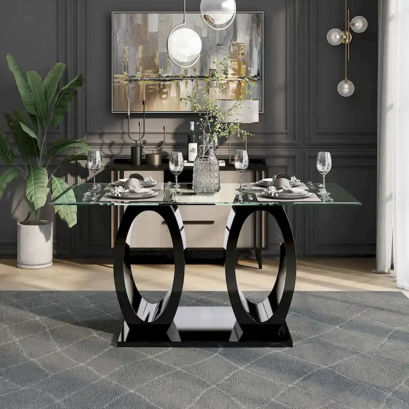 Contemporary 63-inch Double Ring Glass Top Dining Table