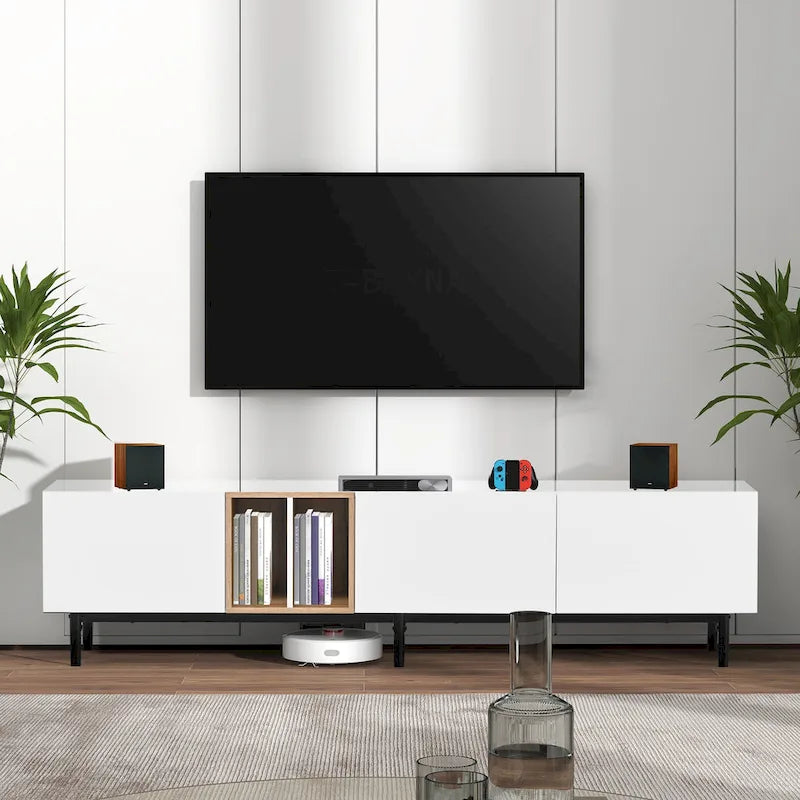 Moderní TV stolek pro 80" TV se 3 dvířky, konzolový stolek pod TV, zábavní centrum s velkou úložnou skříňkou do obývacího pokoje