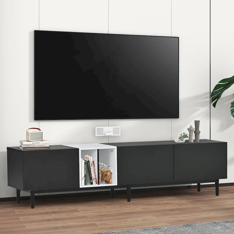 Moderní TV stolek pro 80" TV se 3 dvířky, konzolový stolek pod TV, zábavní centrum s velkou úložnou skříňkou do obývacího pokoje