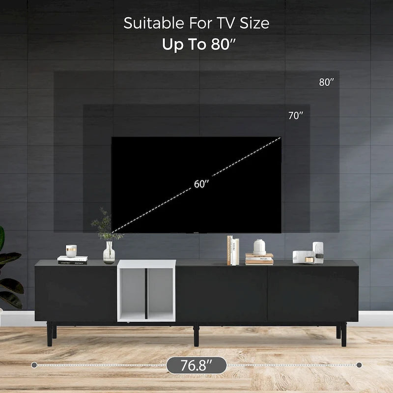 Moderní TV stolek pro 80" TV se 3 dvířky, konzolový stolek pod TV, zábavní centrum s velkou úložnou skříňkou do obývacího pokoje
