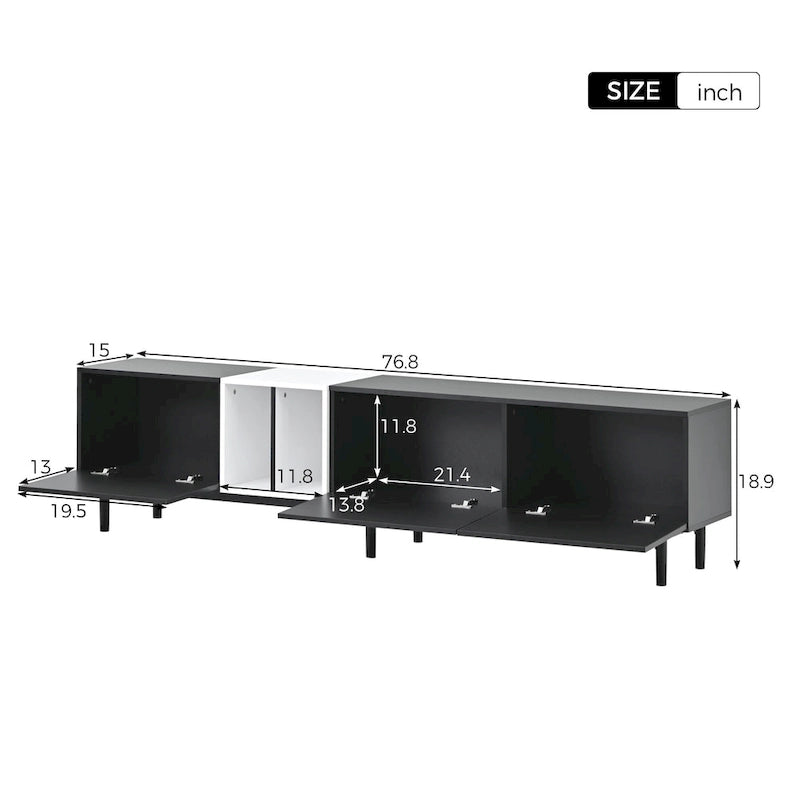 Moderní TV stolek pro 80" TV se 3 dvířky, konzolový stolek pod TV, zábavní centrum s velkou úložnou skříňkou do obývacího pokoje