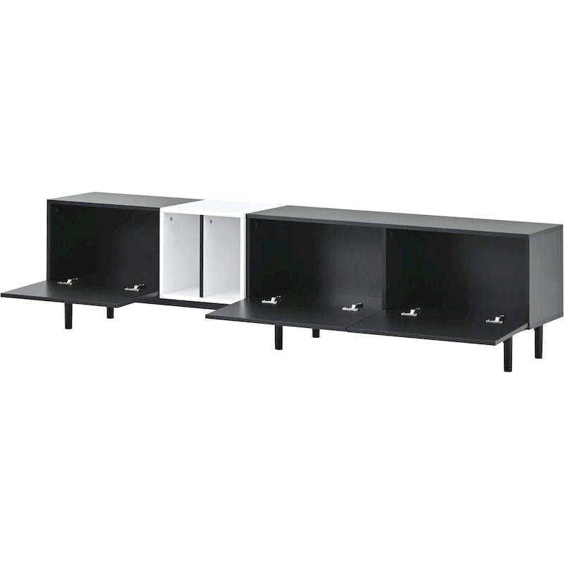 Moderní TV stolek pro 80" TV se 3 dvířky, konzolový stolek pod TV, zábavní centrum s velkou úložnou skříňkou do obývacího pokoje