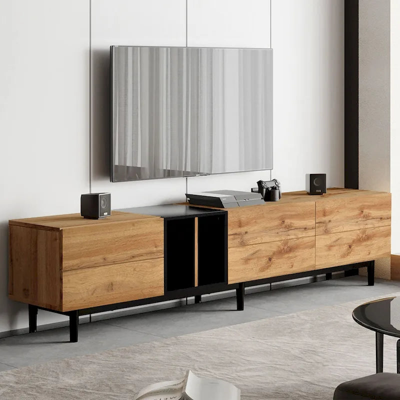 Moderní TV stolek pro 80" TV se 3 dvířky, konzolový stolek pod TV, zábavní centrum s velkou úložnou skříňkou do obývacího pokoje