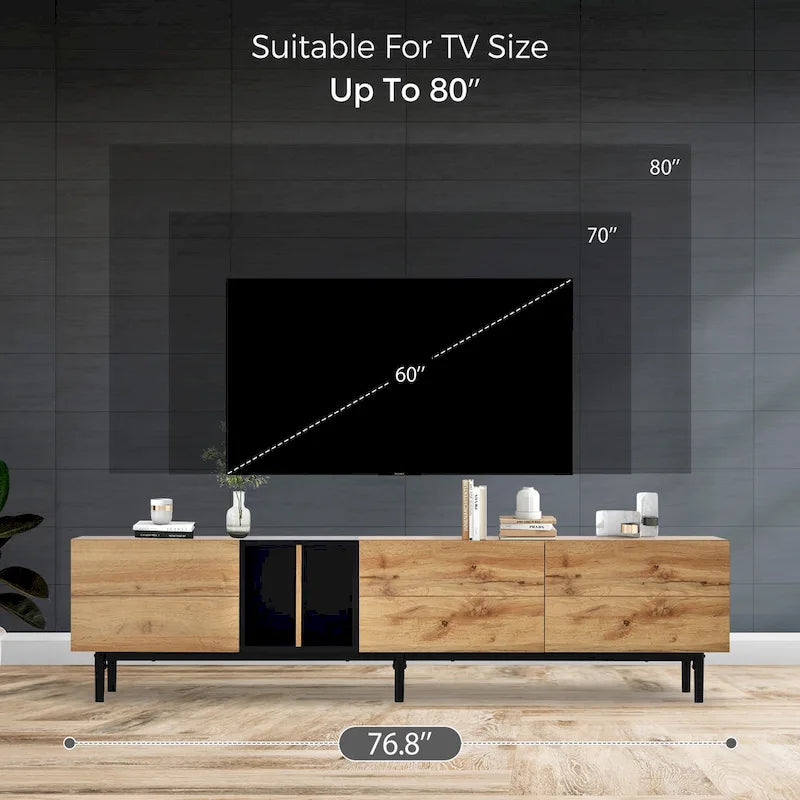 Moderní TV stolek pro 80" TV se 3 dvířky, konzolový stolek pod TV, zábavní centrum s velkou úložnou skříňkou do obývacího pokoje