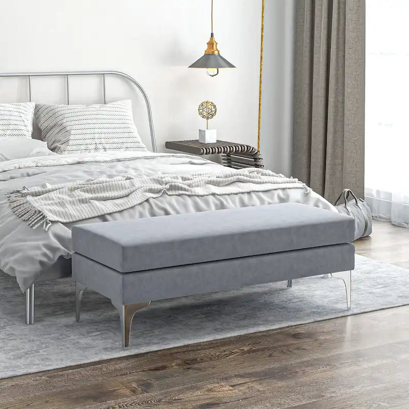 48 End of Bed Bench, Upholstered Entryway Bench with Double Layer Seat Cushions and Steel Legs, Dark Gray