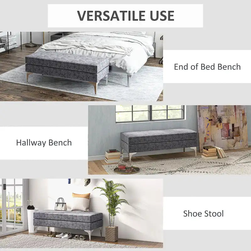 48 End of Bed Bench, Upholstered Entryway Bench with Double Layer Seat Cushions and Steel Legs, Dark Gray
