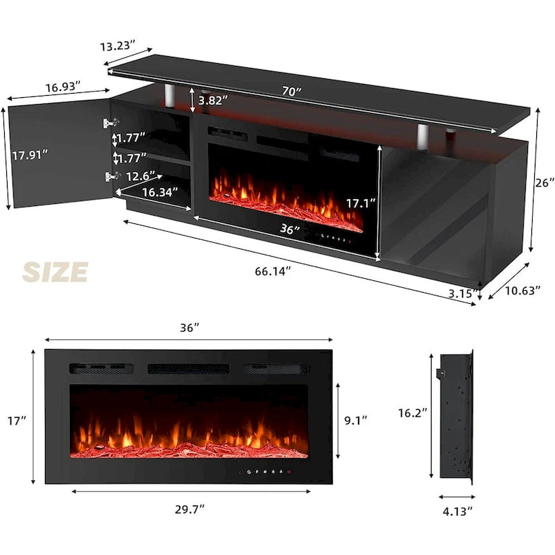 70" Fireplace TV Stand with 36" Electric Fireplace for TVs up to 80", Black