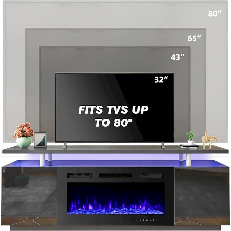 70" TV stolek s krbem a 36" elektrickým krbem pro TV do 80", černý