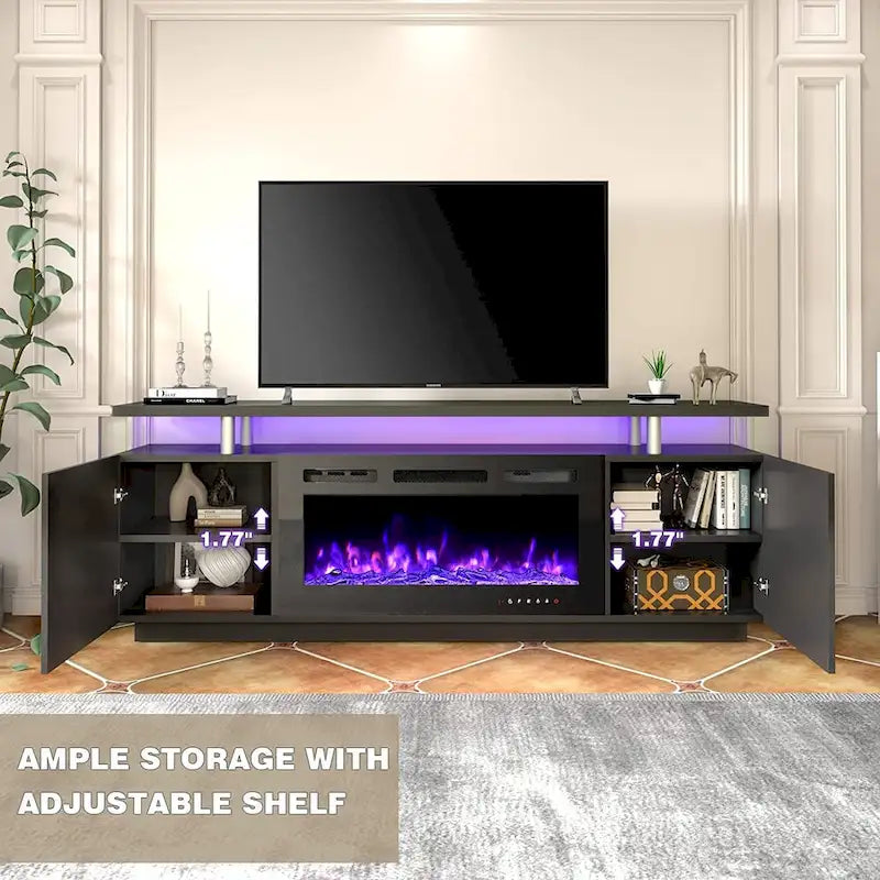 70" TV stolek s krbem a 36" elektrickým krbem pro TV do 80", černý