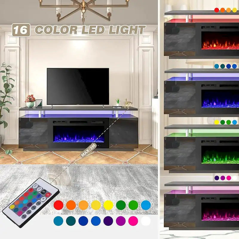 70" TV stolek s krbem a 36" elektrickým krbem pro TV do 80", černý