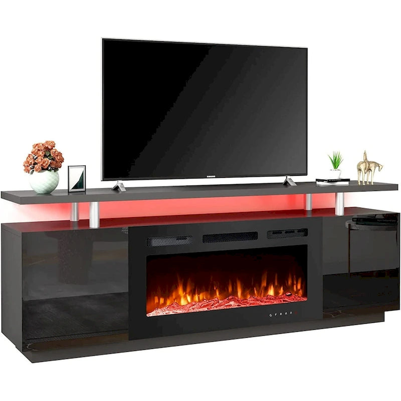 70" TV stolek s krbem a 36" elektrickým krbem pro TV do 80", černý