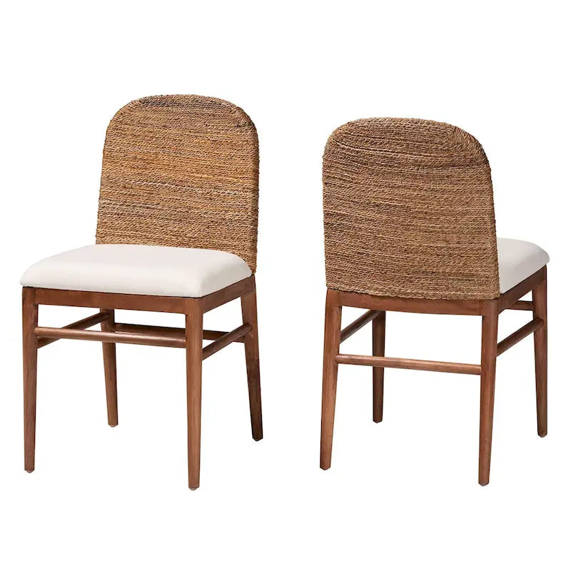 Modern Bohemian Natural Seagrass and Acacia Wood 2-Piece Dining Chair Set