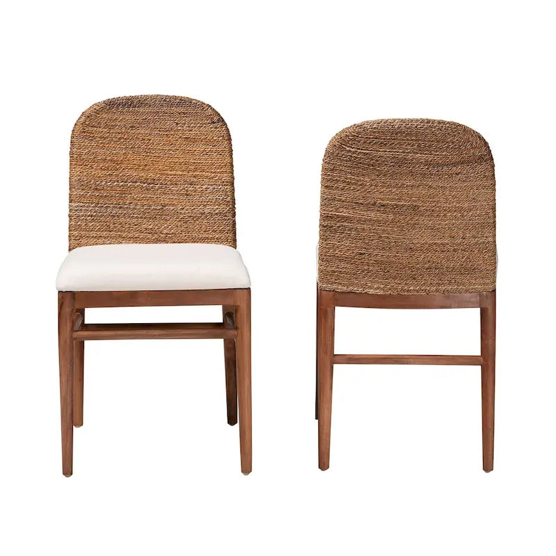 Modern Bohemian Natural Seagrass and Acacia Wood 2-Piece Dining Chair Set