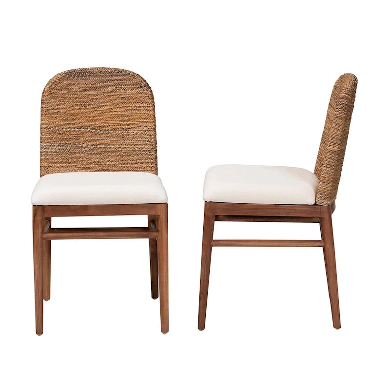 Modern Bohemian Natural Seagrass and Acacia Wood 2-Piece Dining Chair Set